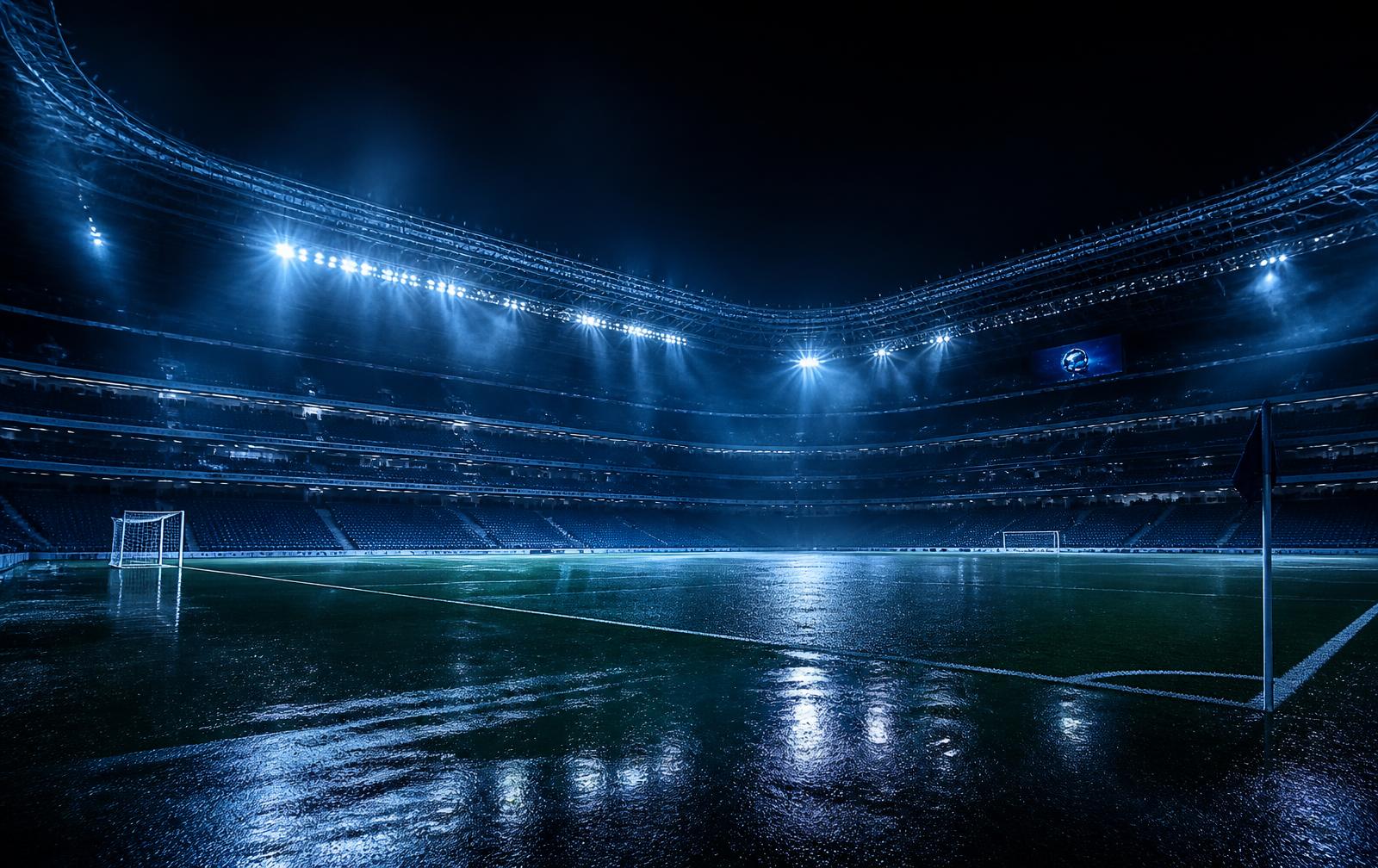 Empty floodlit stadium at night before an Apex City Academy fixture